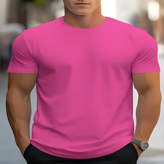 Men's loose fit round neck printed short sleeve t-shirt on a hanger.
