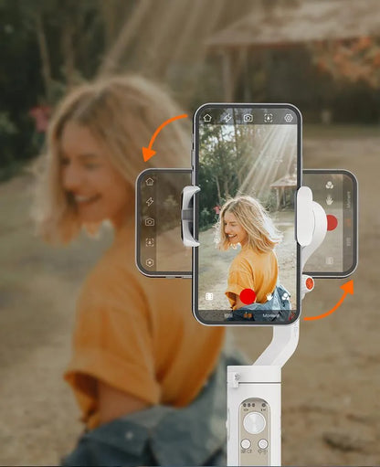 Black or white three-axis mobile phone gimbal stabiliser showing compact folded size.