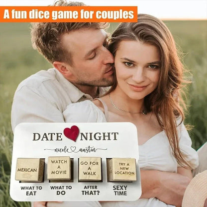 Romantic wooden date night dice set with 5 dice, date planner board, and storage bag for spontaneous couple's activities