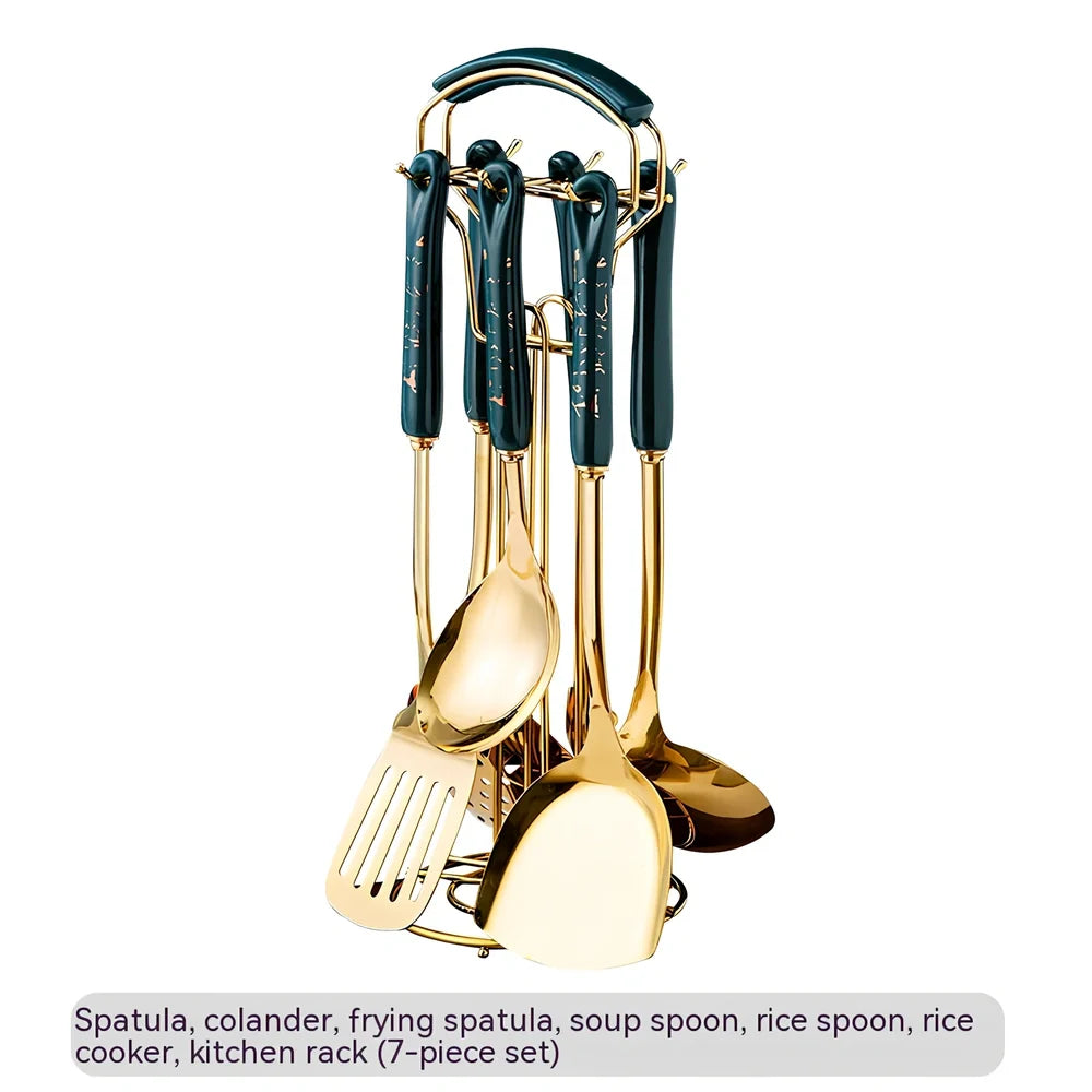 Stainless steel kitchen utensils set with eight pieces in multiple colours including black, green, pink, and white options