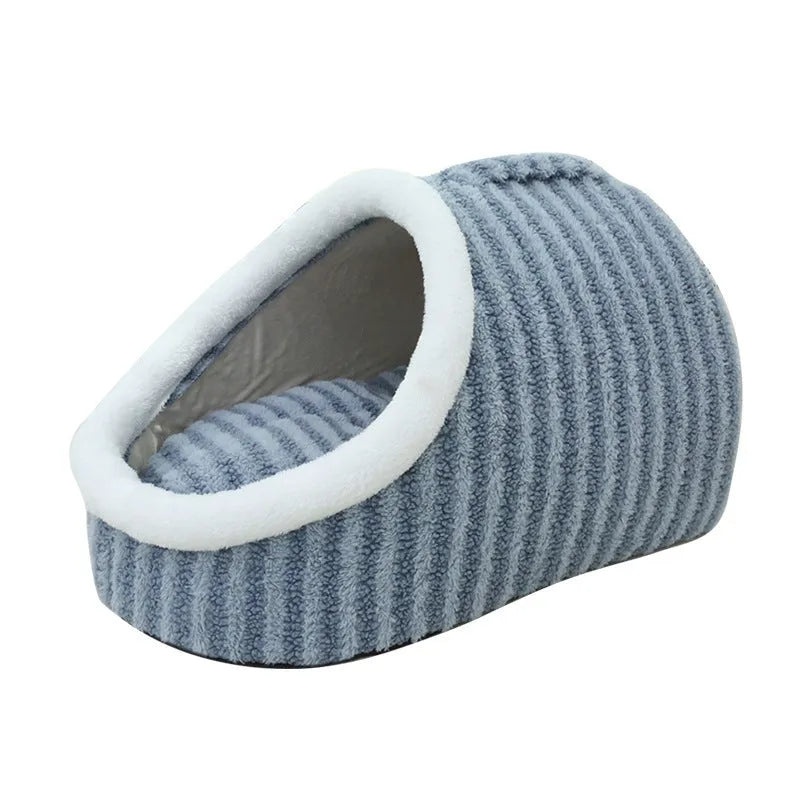 Macaron-shaped thickened cloth cat bed cage in pink, shown in a three-dimensional nest design.