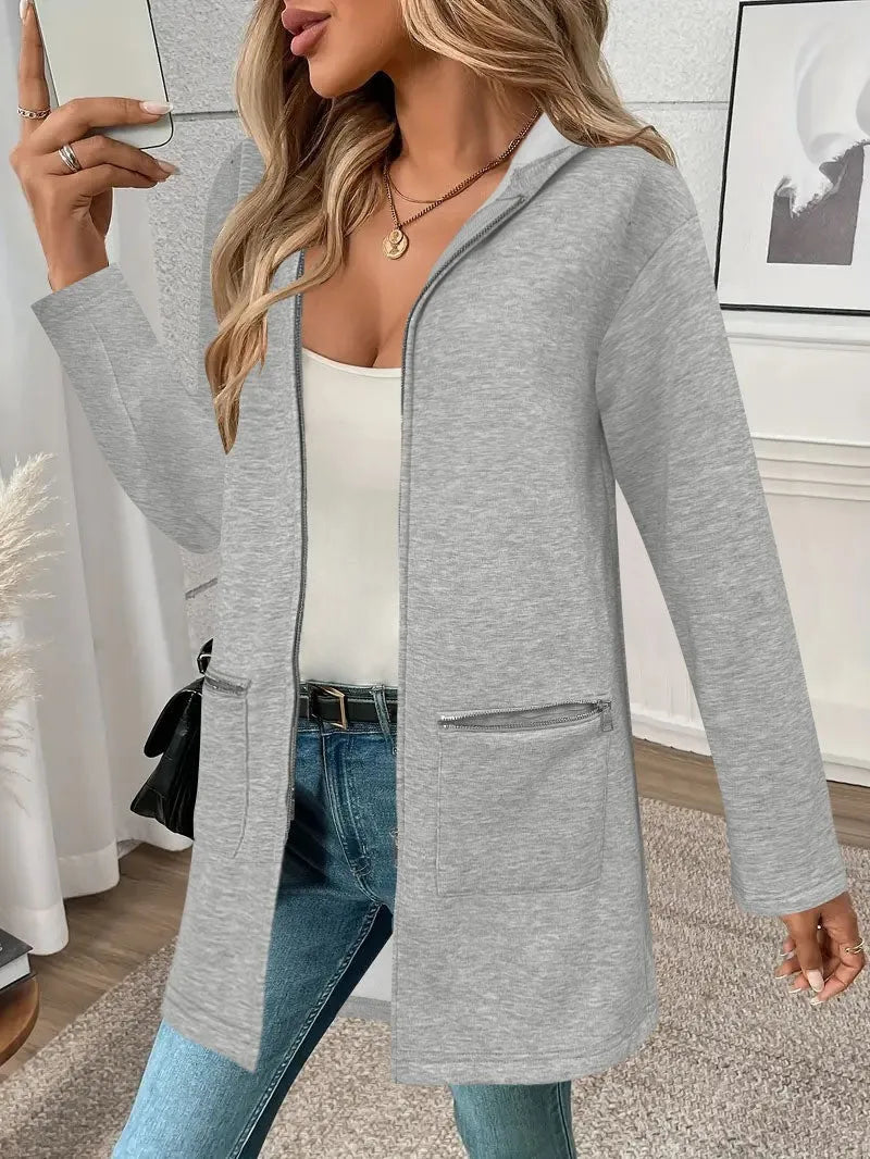 Loose mid-length cardigan coat for women in polyester fabric with pockets