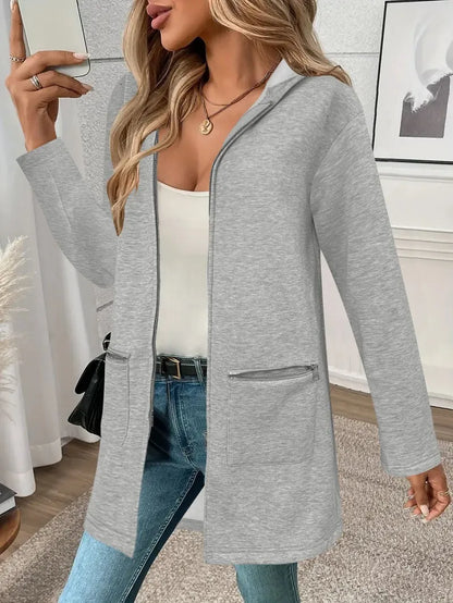 Loose mid-length cardigan coat for women in polyester fabric with pockets