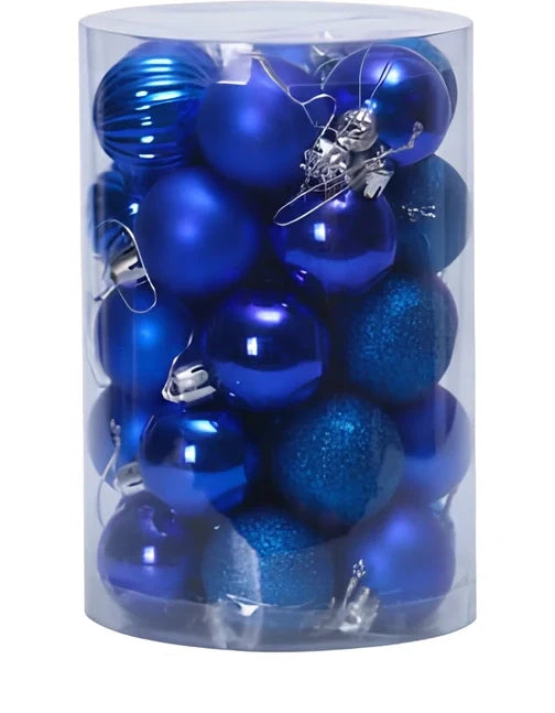 34 Christmas tree ball ornaments in assorted colours with 6cm diameter plastic construction