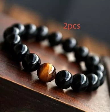 Natural Black Onyx and Tiger Eye Energy Bracelet with elastic rope