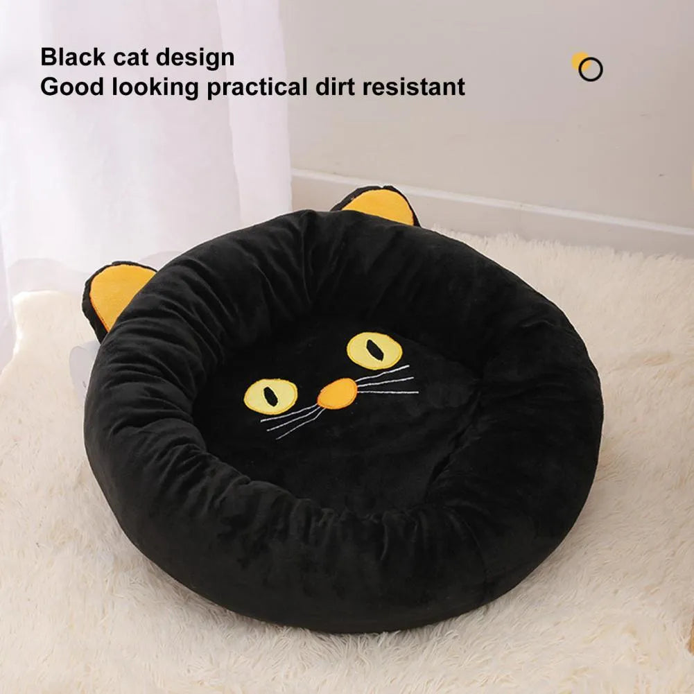 Black cat-shaped velvet pet nest bed with raised edges showing S and M size options