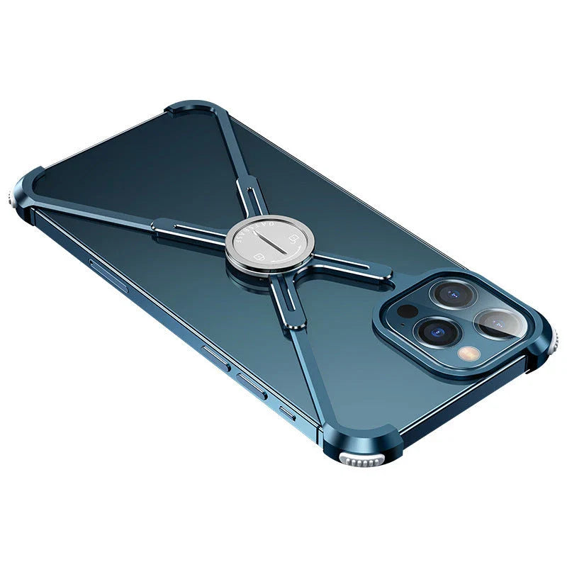 Stylish metal bumper case with X-shaped design, airbag cushioning, and heat dissipation for iPhone 12 and 13 series