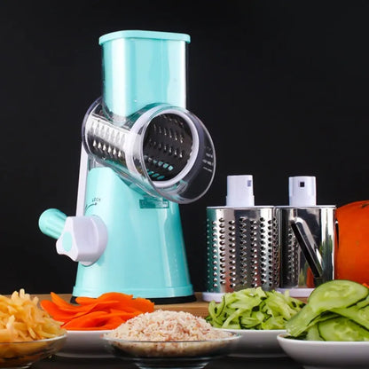 Blue multifunctional manual vegetable cutter with stainless steel blades for slicing potatoes and cheese.