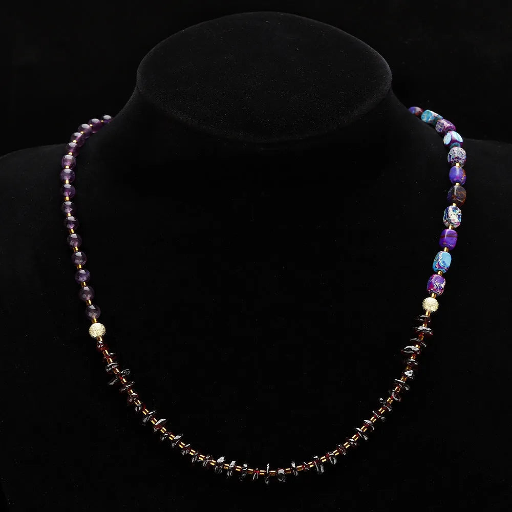 Geometric garnet and amethyst stone bead bracelet with manual craftsmanship texture