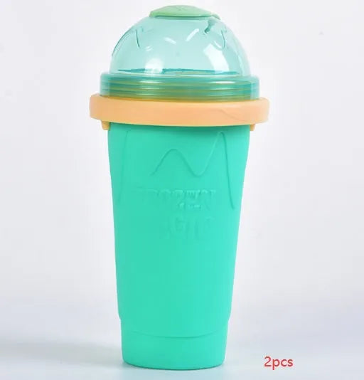 Silicone quick-freeze slush maker cup in mint green with lid and straw spoon