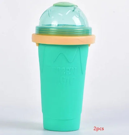 Silicone quick-freeze slush maker cup in mint green with lid and straw spoon