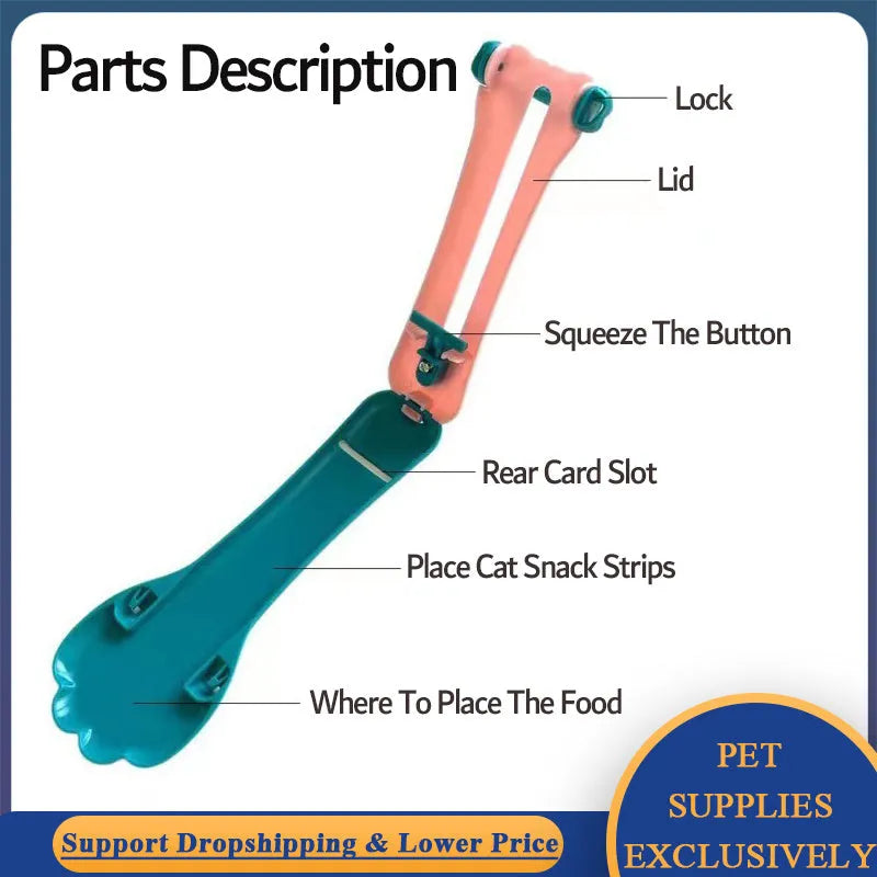 Green and pink pet food scoop and squeezer dispenser for cats and dogs.