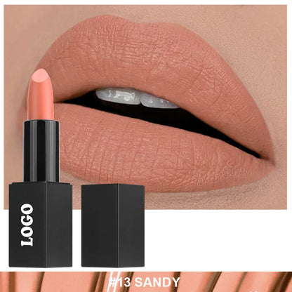 Beauty Does Not Fade matte finish lipstick in nonstick cup packaging, showing range of 24 colour shades.