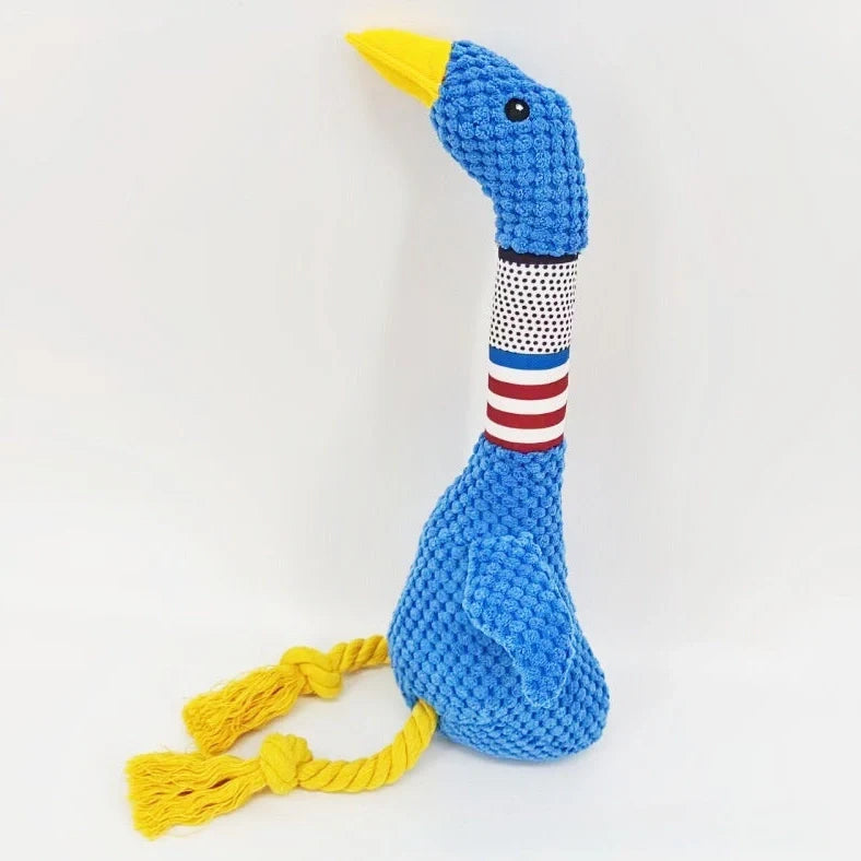 White plush dog toy with reinforced stitching, approximately 20cm long