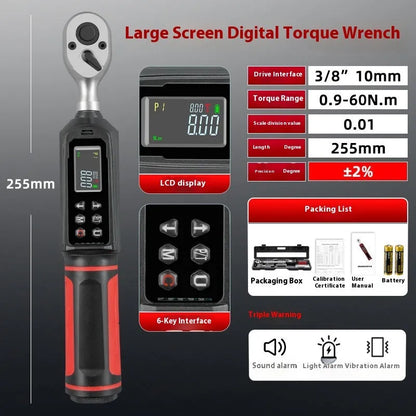 Electronic digital display torque wrench with a chrome-vanadium steel body on a workshop bench.