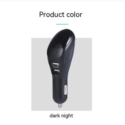 White car USB charger with integrated negative ion air purifier showing dimensions and vehicle power connection