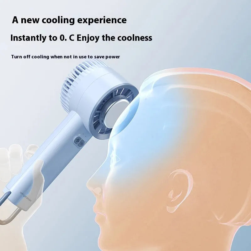 White handheld portable fan with turbo jet design and ice cooling function.
