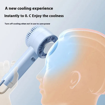 White handheld portable fan with turbo jet design and ice cooling function.