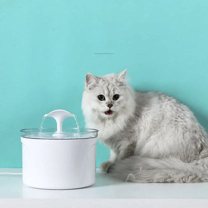 Automatic pet drinking fountain with stainless steel construction, filtration system, and low-water level indicator