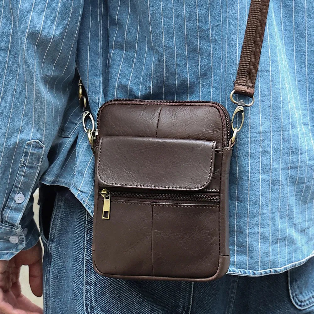 Men's brown leather crossbody shoulder bag with visible stitching and polyester cotton lining