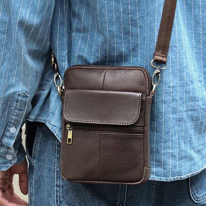 Men's brown leather crossbody shoulder bag with visible stitching and polyester cotton lining
