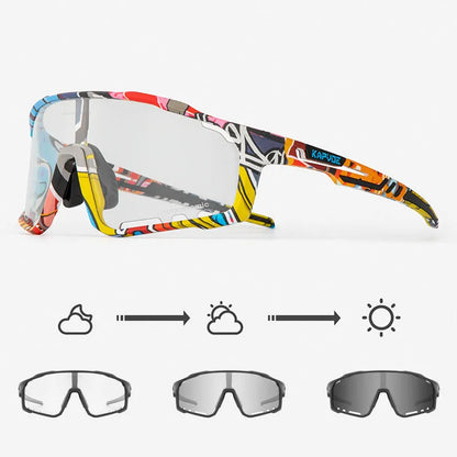 Photochromic cycling sports goggles with a semi-rimless TR90 frame and adaptive tint lens.