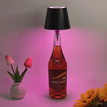 Wireless LED desk lamp with wine bottle design showing detachable components and touch control panel