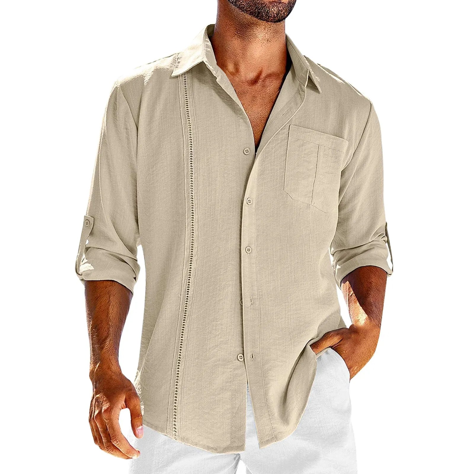 Men's casual long sleeve cotton blend shirt with polo collar, chest pocket, and lace trim detail in solid colours
