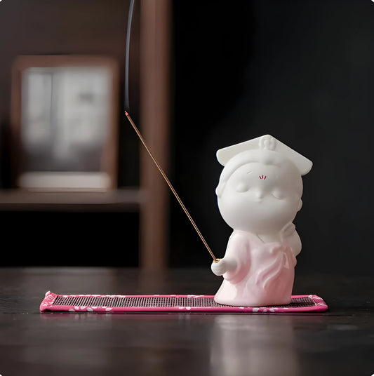 Ceramic cute female court attendant incense burner decoration in Qingge red colour.
