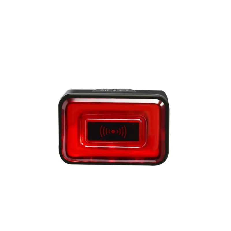 Smart millimeter wave bicycle taillight with double bracket mount showing dimensions and Type-C charging port