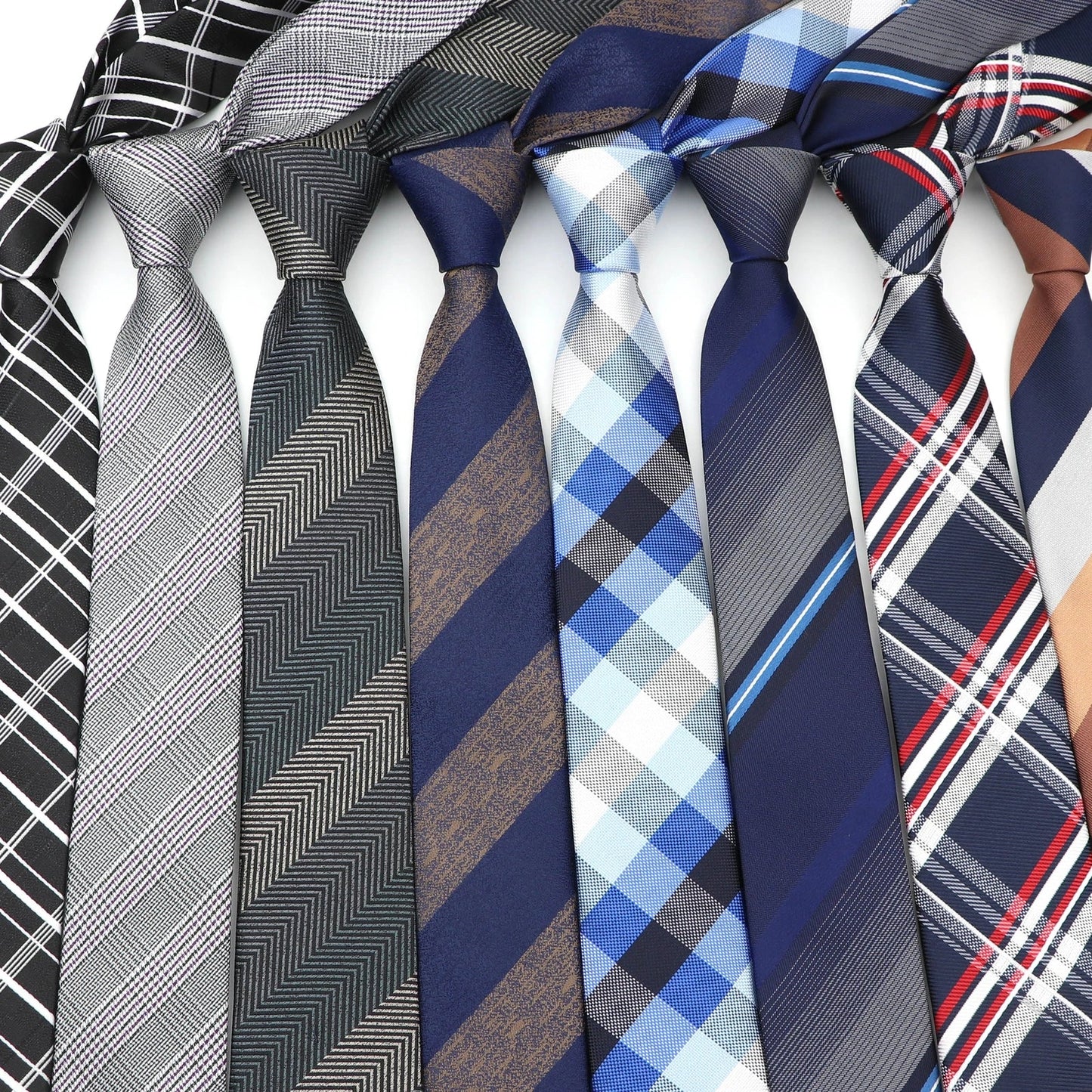 Men's 6cm skinny plaid polyester tie, 145cm length, in various patterns for casual professional look