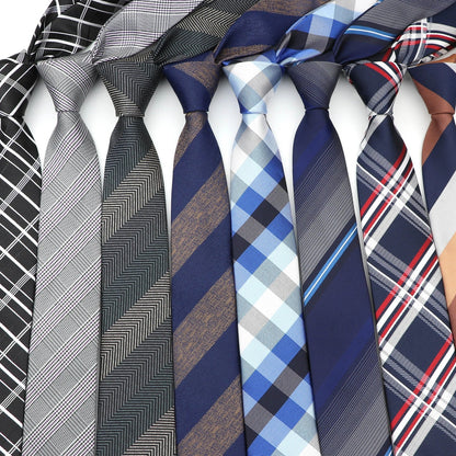 Men's 6cm skinny plaid polyester tie, 145cm length, in various patterns for casual professional look