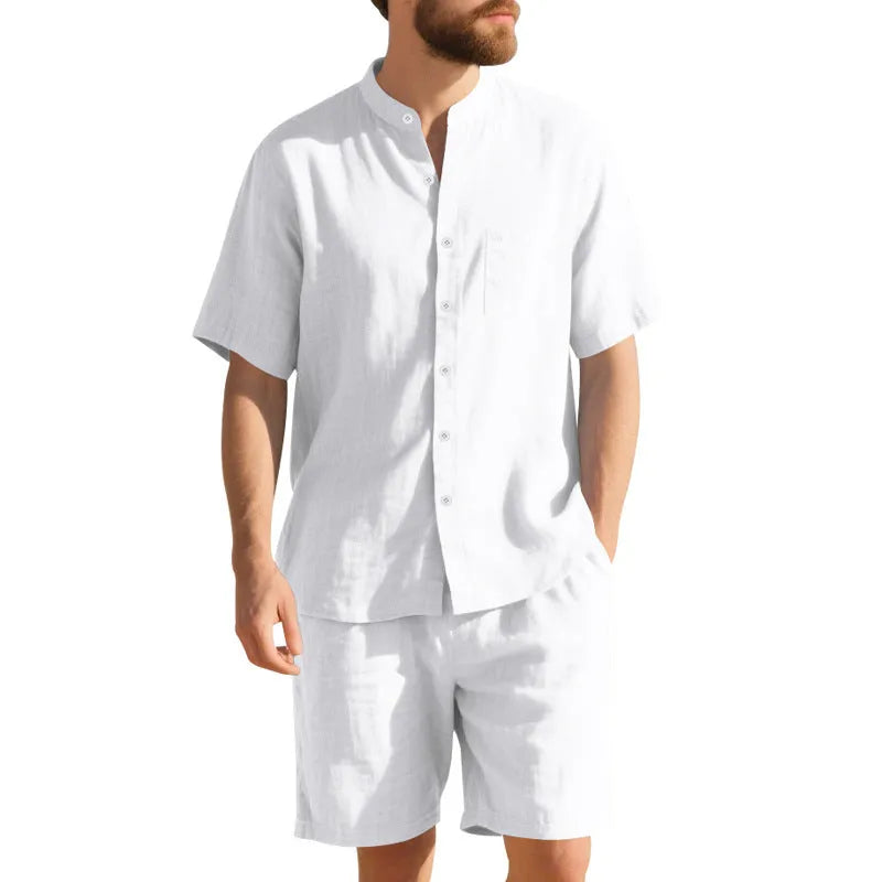 Men's light blue linen blend summer suit with short sleeve Henry collar jacket and matching shorts