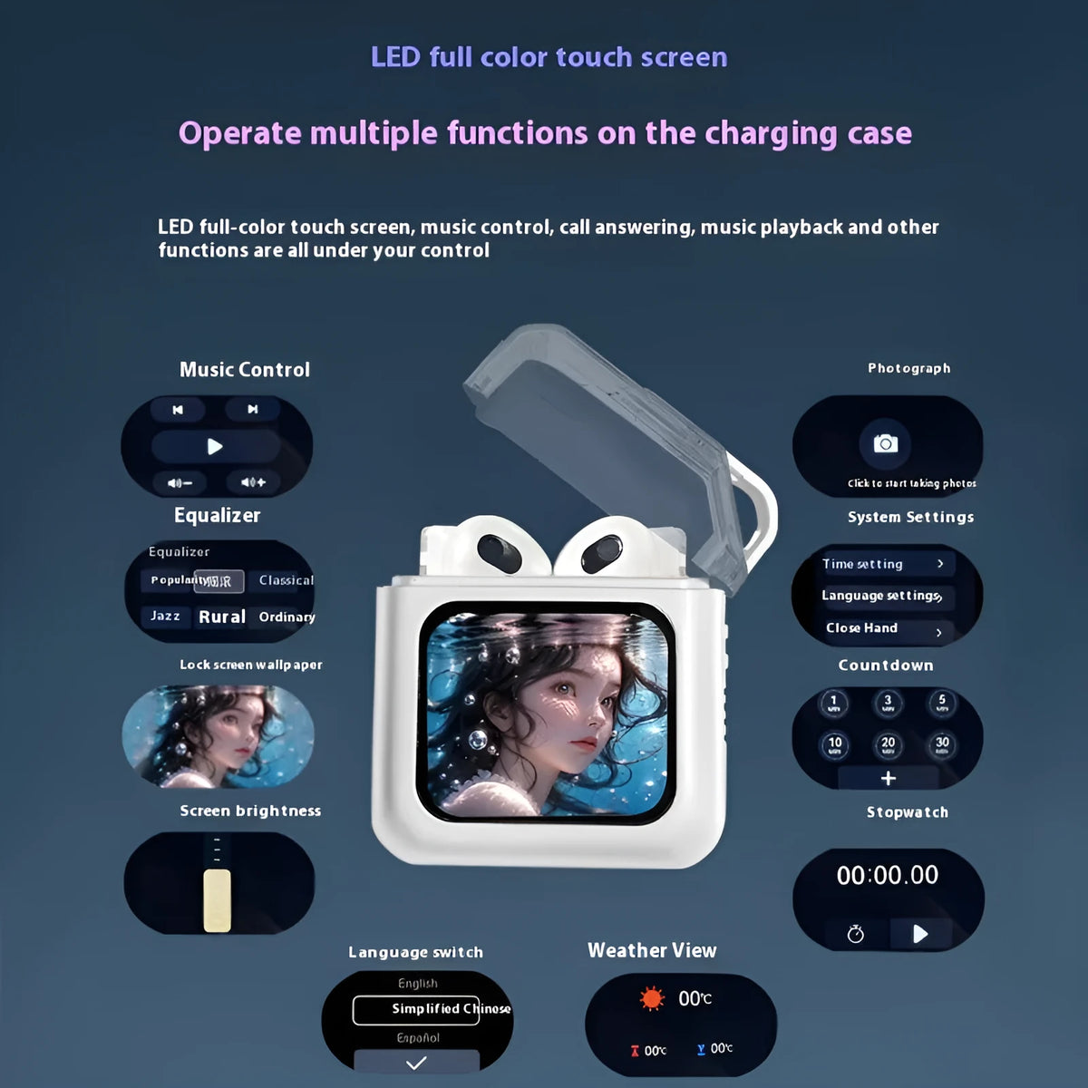 Grey and white Bluetooth headsets with colour display screens and in-ear design