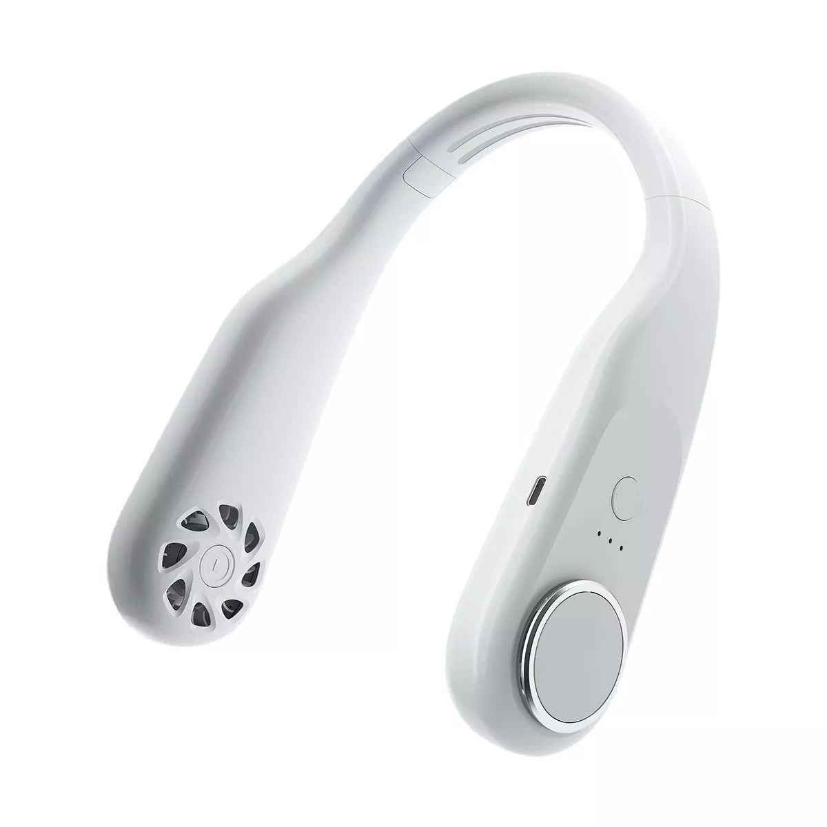 USB-powered leafless halter fan in classic black with adjustable neck strap