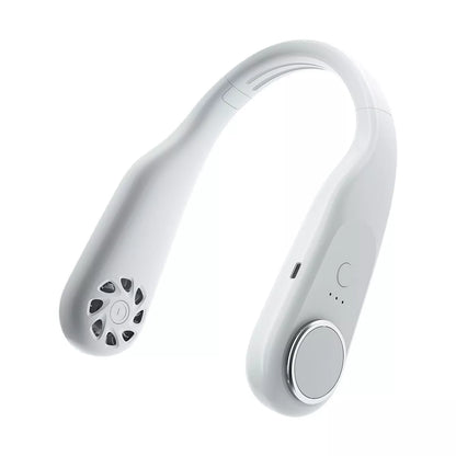 USB-powered leafless halter fan in classic black with adjustable neck strap