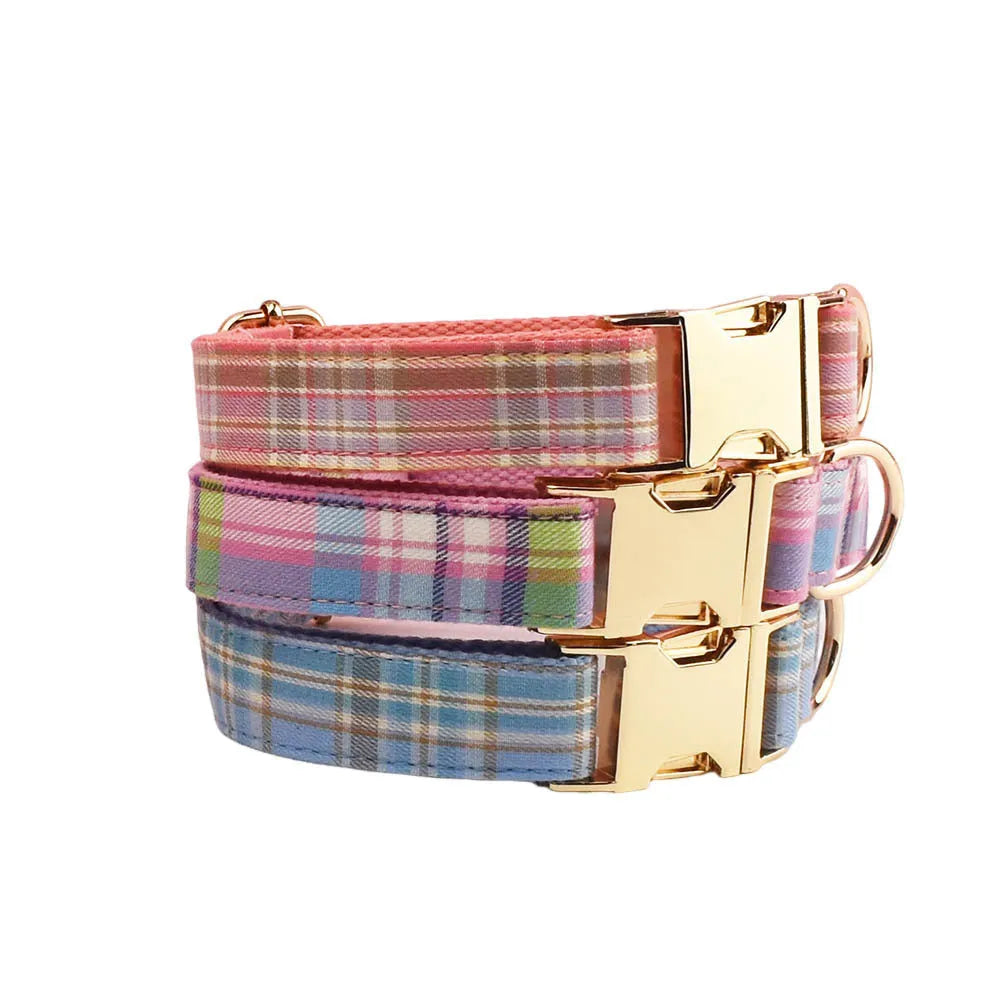 Plaid cloth dog collar and leash set with bow and vest for special occasions