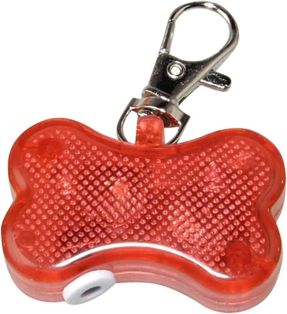Blue LED bone-shaped pet pendant attached to a collar, showing dimensions of 4cm by 3cm