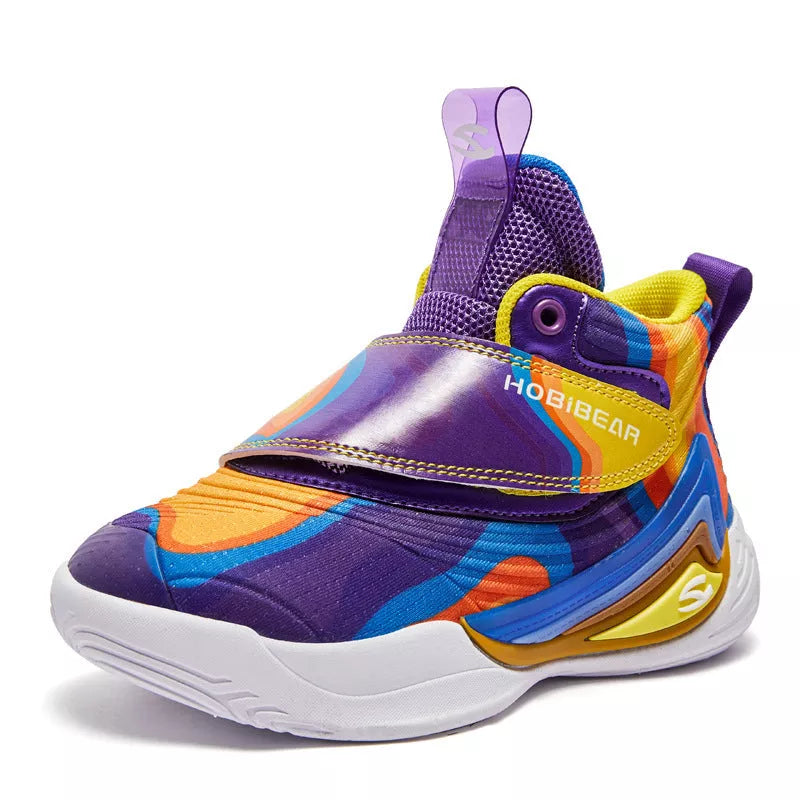 Children's breathable PU leather and mesh basketball shoes with Velcro closure in purple blue and purple yellow