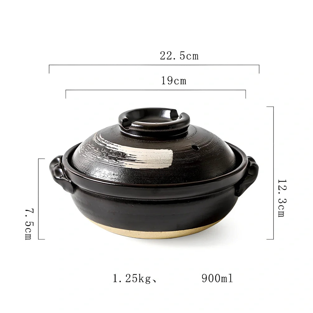 Korean ceramic stew pot with air hole lid showing 8cm depth and gas stove compatible base