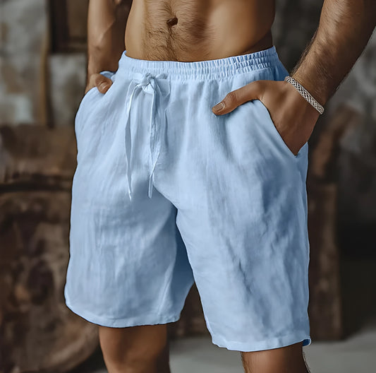 Men's cotton linen beach shorts in straight-leg British style shown in seven colour options