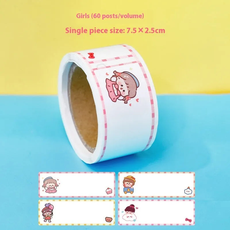 Roll of student name tape stickers with cartoon dinosaur, astronaut, rabbit, and girl designs for labelling