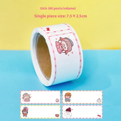Roll of student name tape stickers with cartoon dinosaur, astronaut, rabbit, and girl designs for labelling