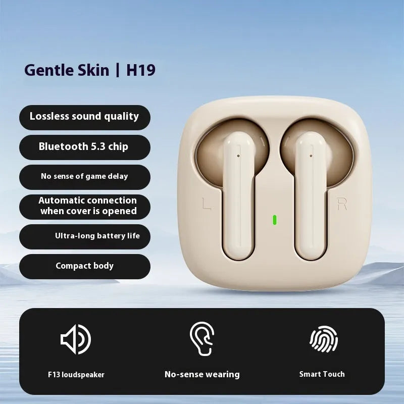 Wireless Bluetooth earbuds with noise reduction, sports style, available in black, white, or skin colour, plastic.