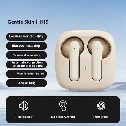 Wireless Bluetooth earbuds with noise reduction, sports style, available in black, white, or skin colour, plastic.