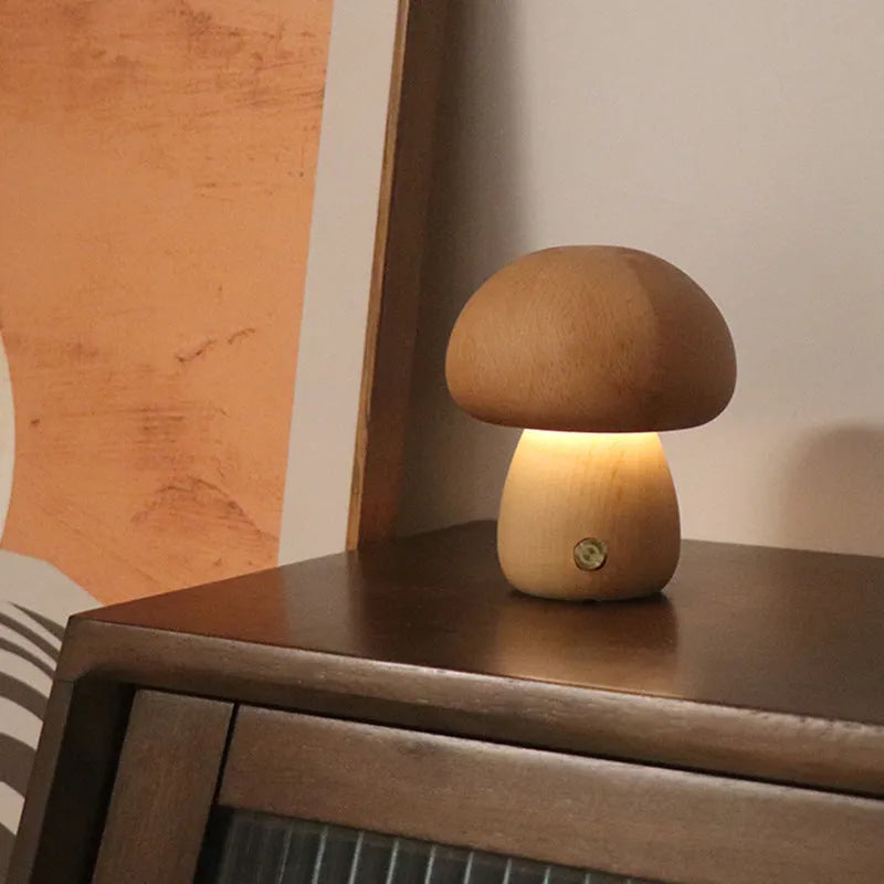 Wooden mushroom LED night light with touch switch, 165 x 100mm, in beech or walnut colour for bedside table use