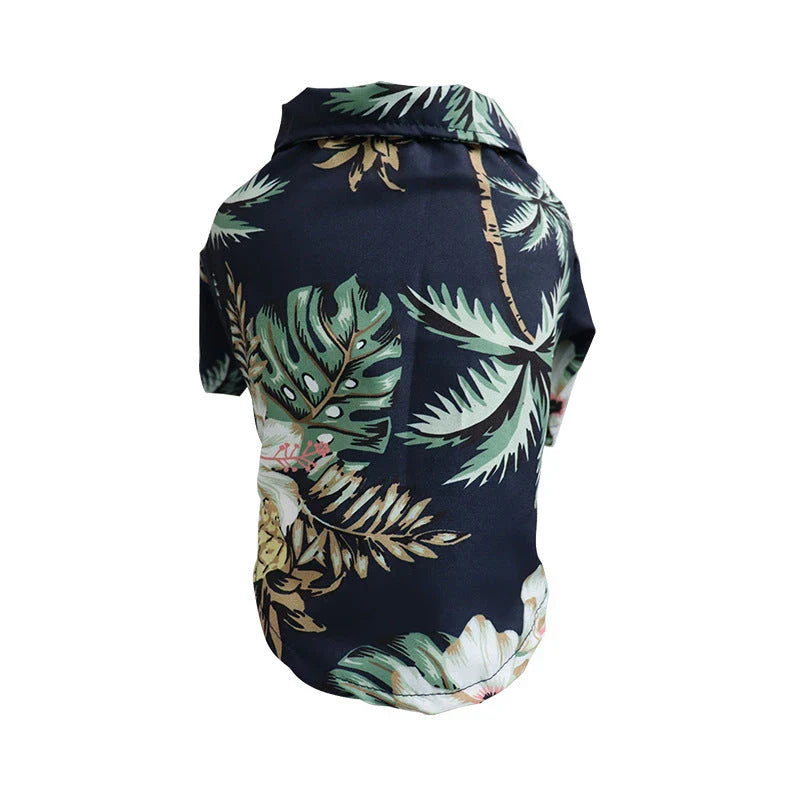 Breathable pet shirts featuring tropical pineapple, coconut tree, and Hawaiian-inspired prints