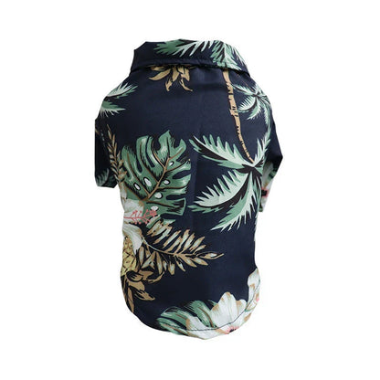 Breathable pet shirts featuring tropical pineapple, coconut tree, and Hawaiian-inspired prints