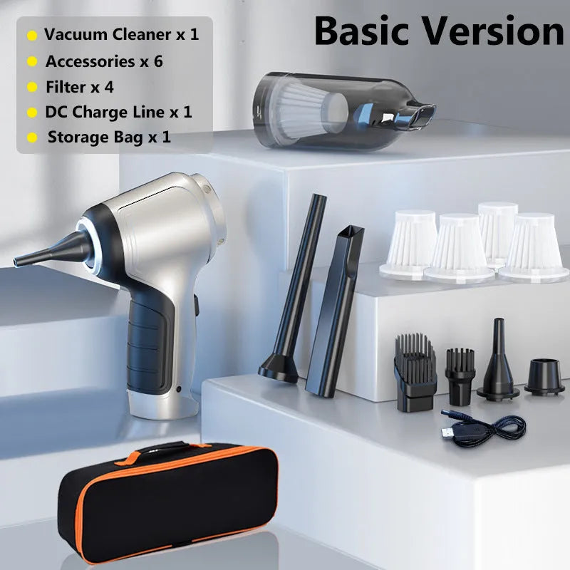 Brushless handheld and vertical car vacuum cleaner with 12000Pa suction, shown with optional EVA storage bag.