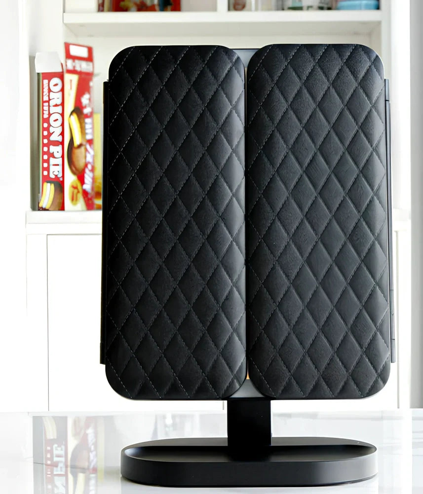 White LED makeup mirror with folded design showing rotation mechanism and magnification lenses